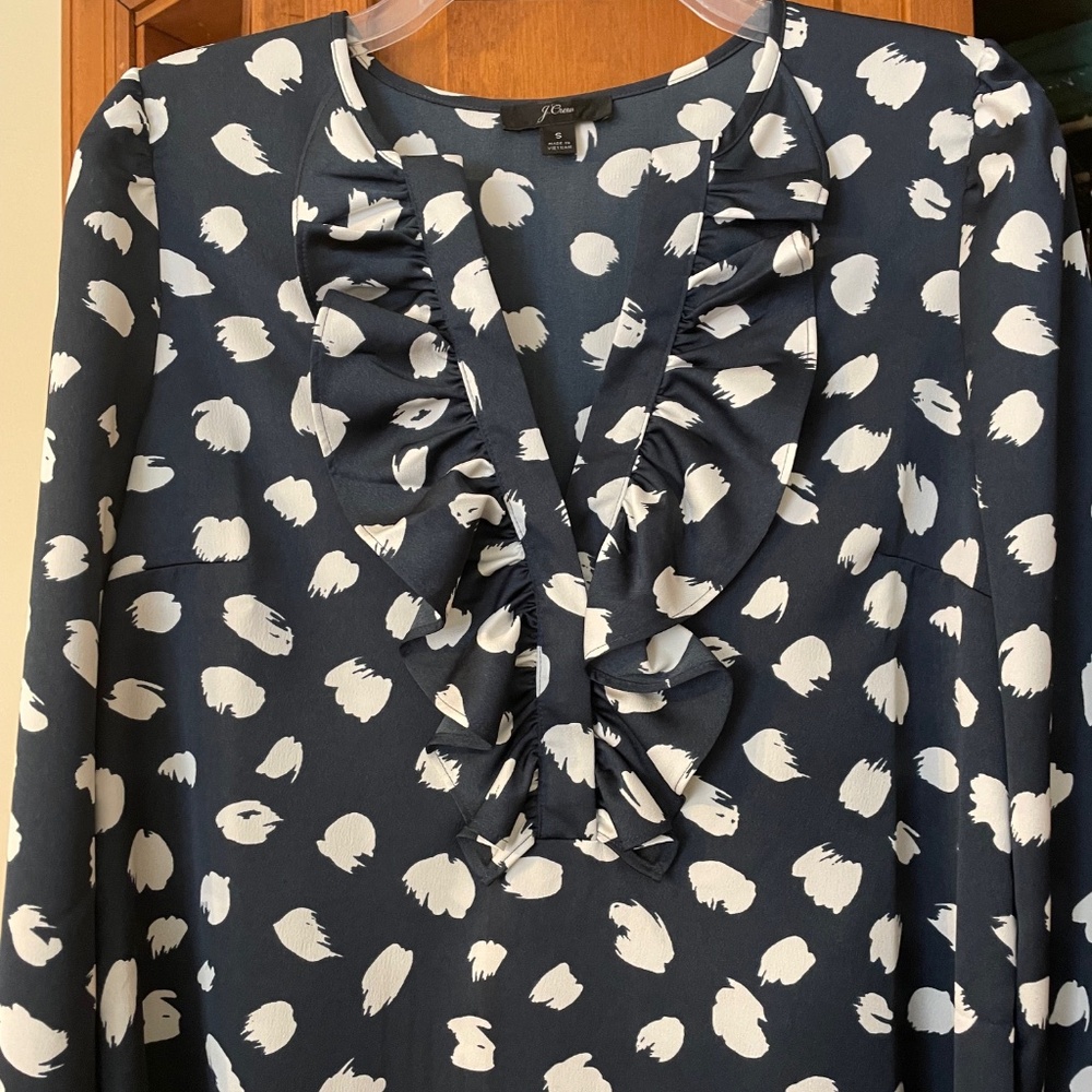 J. Crew Ruffle Blouse | Color: blue with white design | Size: S